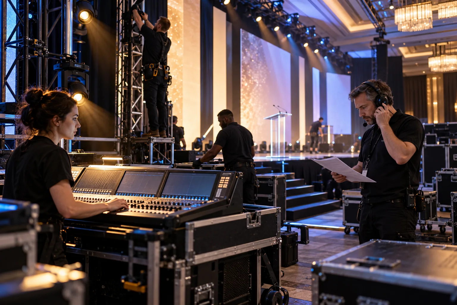 Production crew preparing an event stage before guests arrive