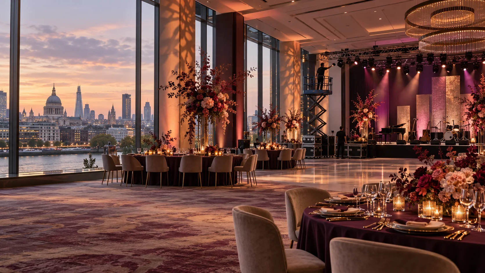 A warm reception room prepared for an evening event