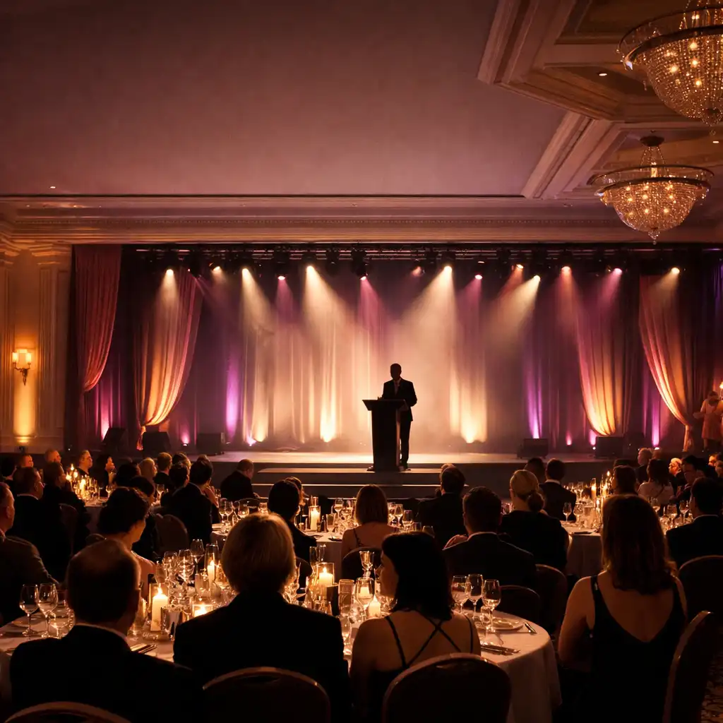 Awards stage prepared inside a dining room